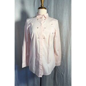 Jones New York Blouse Size S Modern Women's Pink and Cream Pearl Button-Down Top